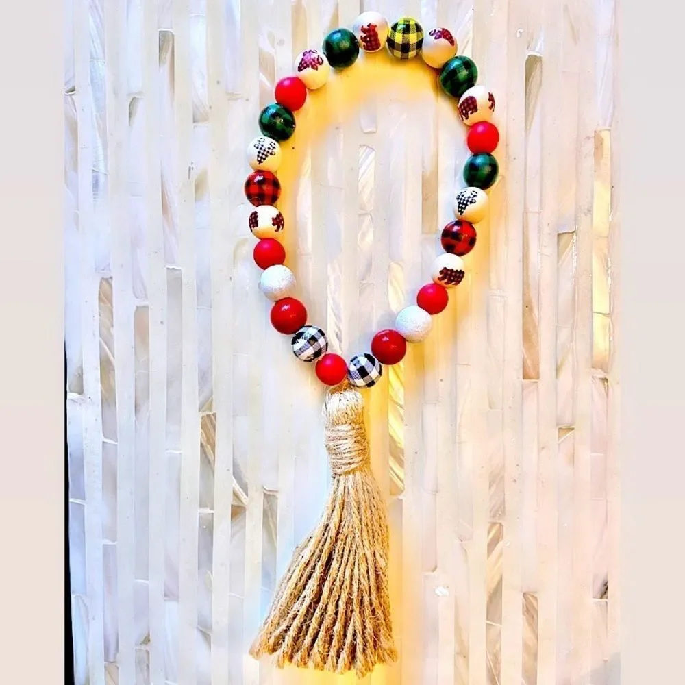 NEW Wood Bead Garland with Plaid Tassels